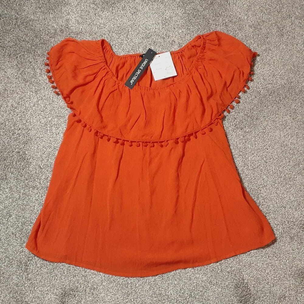 Women's UNIQUE SPECTRUM Peasant Blouse w Fringe; Off Shoulder; Large
